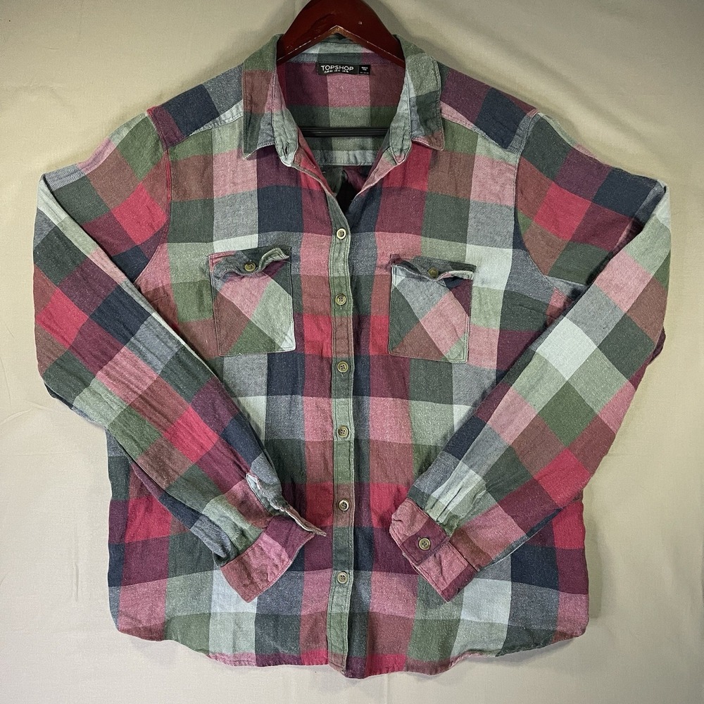 Topshop Flannel Shirt Women Size 44 L? Red Black Tan Plaid Blouse Long Sleeve
